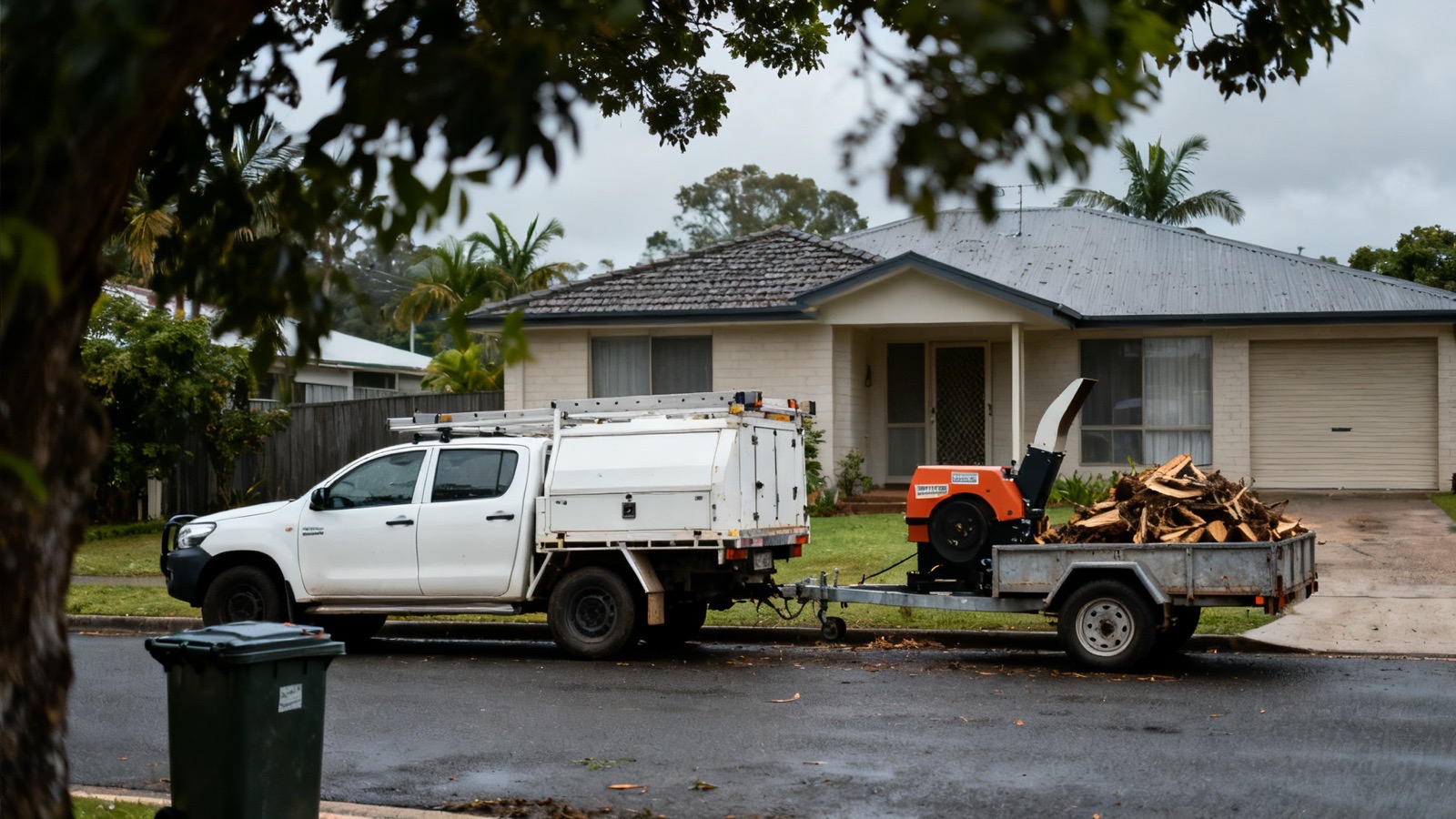 A tree contractor's ute and chipper parked at the kerb outside a Gold Coast house